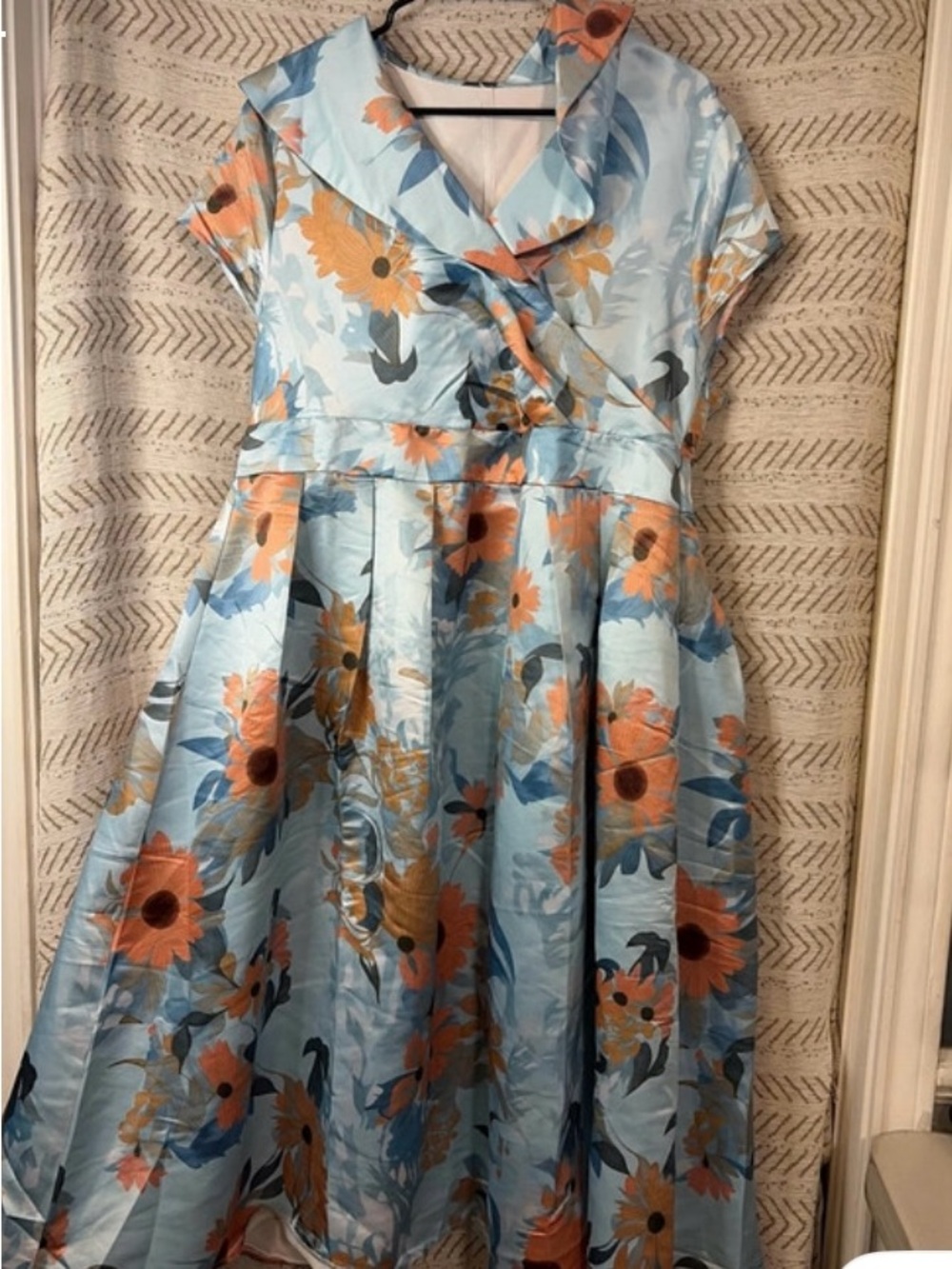 Source Unknown Light Blue Midi Dress with Orange Floral Print